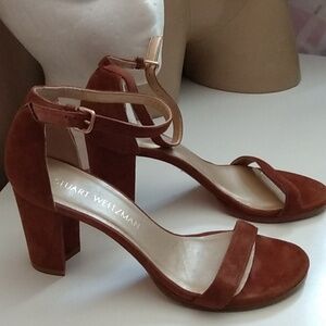 Stuart Weitzman Nearly Nude Bittersweet Brown Strap Block Heel Sz 7